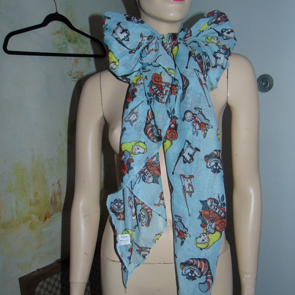 Oversized Disney Loungefly Alice in Wonderland tattoo cheshire cat blue scarf